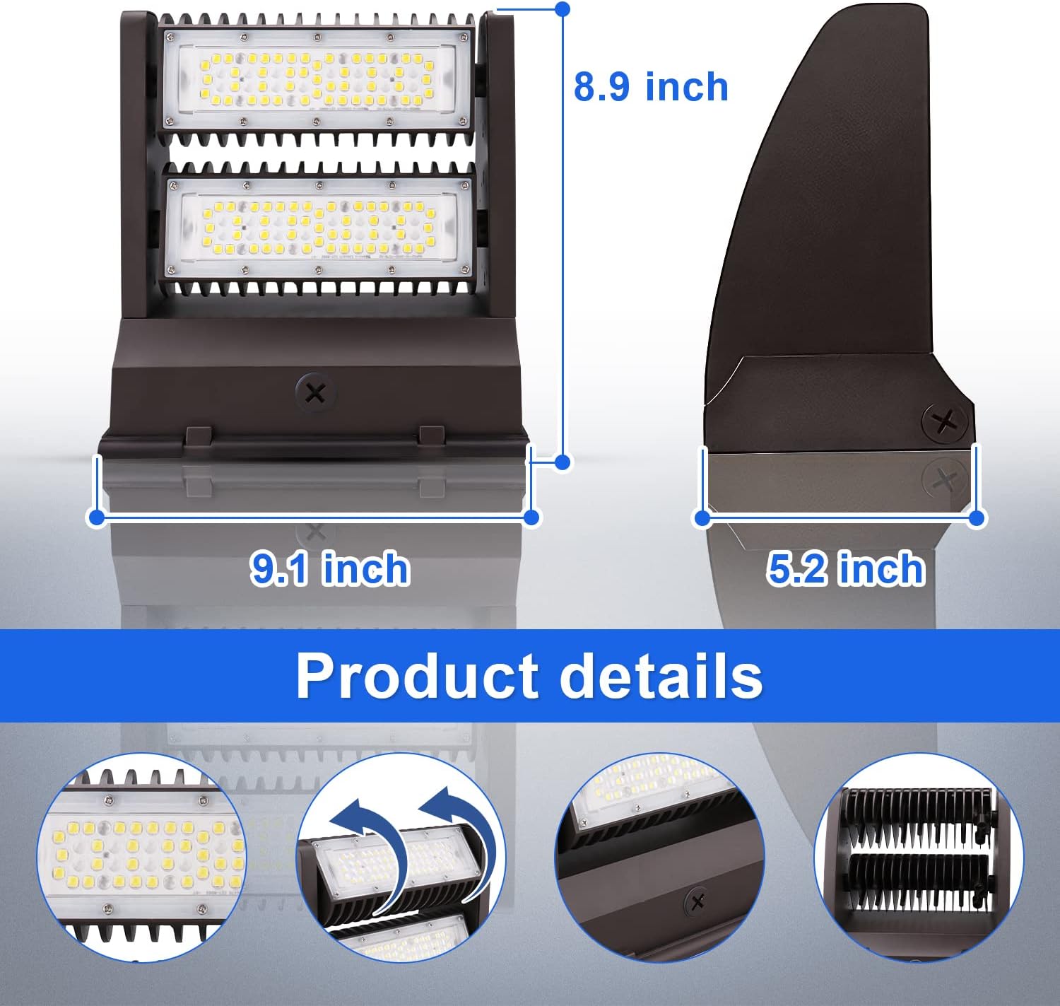 80W Rotatable LED Wall Pack Light - 10,800LM 5000K Adjustable Heads, Outdoor Security Lighting for Commercial & Industrial Areas (250W-400W MH/HPS Equivalent), UL-Listed