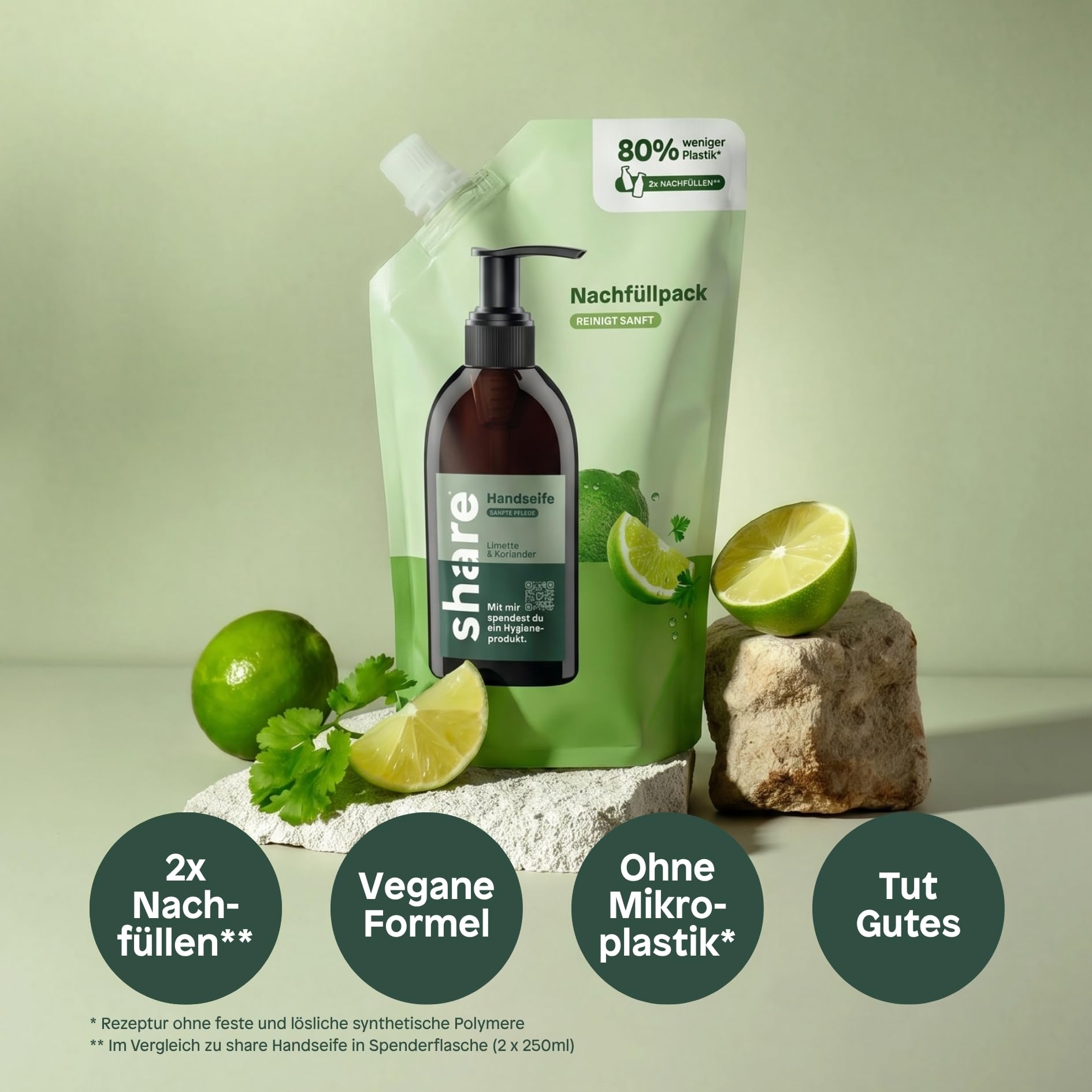 share Flüssigseife Nachfüllpack Limette & Koriander (6x500ml) | Sanfte Reinigung, Vegan, pH-hautneutrale flüssige Seife mit ätherischen Ölen – Jeder Handseife Nachfüllbeutel spendet