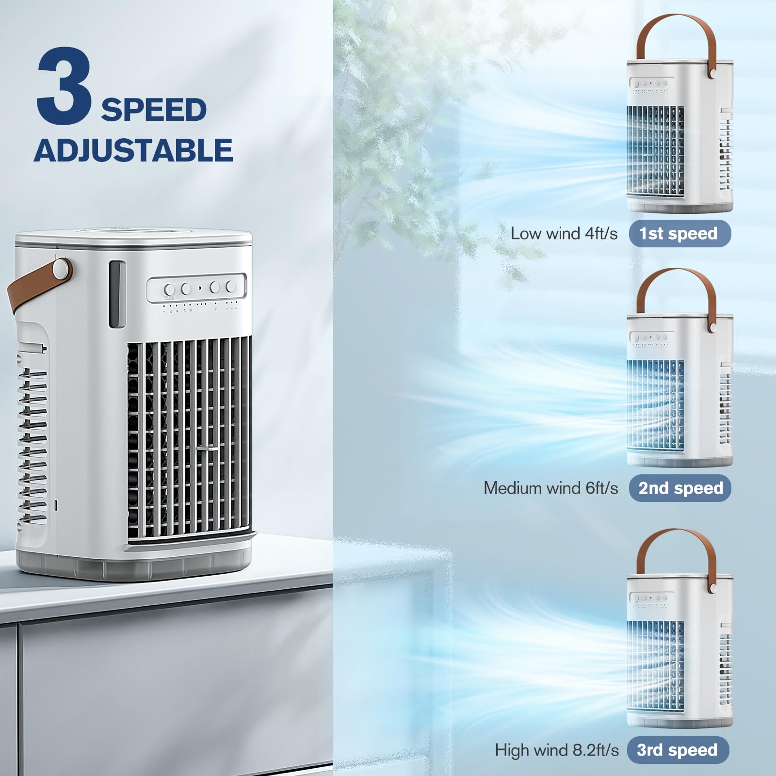 Mini aire acondicionado, aire acondicionado portátil con control remoto, carga USB, tanque de agua de 1.2L y 2 cajas de hielo, temporizador de apagado automático, enfriador de aire evaporativo con 3 8