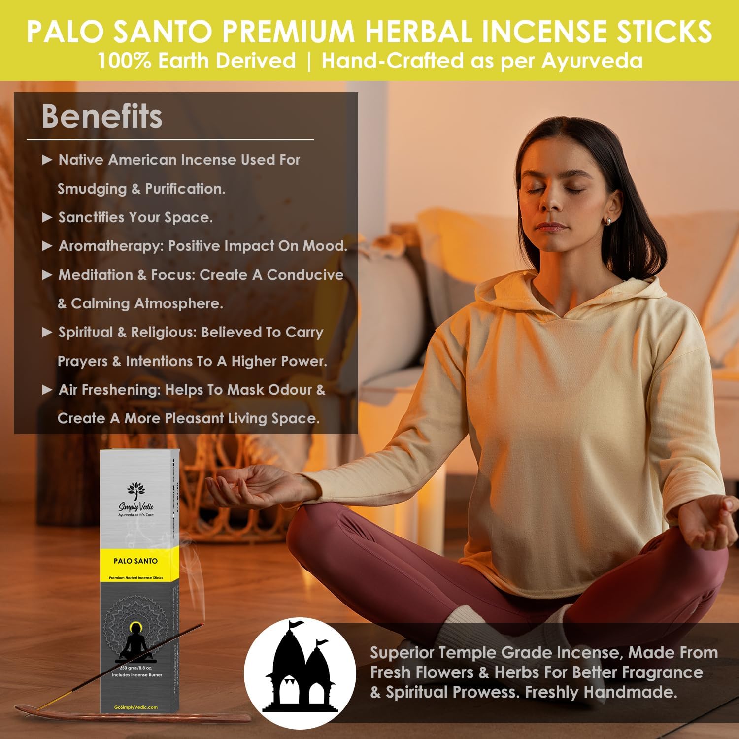 Simply Vedic Premium Agar Oudh & Palo Santo Incense Sticks (Total 500 Grams, Approx 270 Sticks+ Holder) Lasts 60-Minutes, Ideal for Meditation, Yoga, Spiritual Healing, Prayers, Aromatherapy, Home