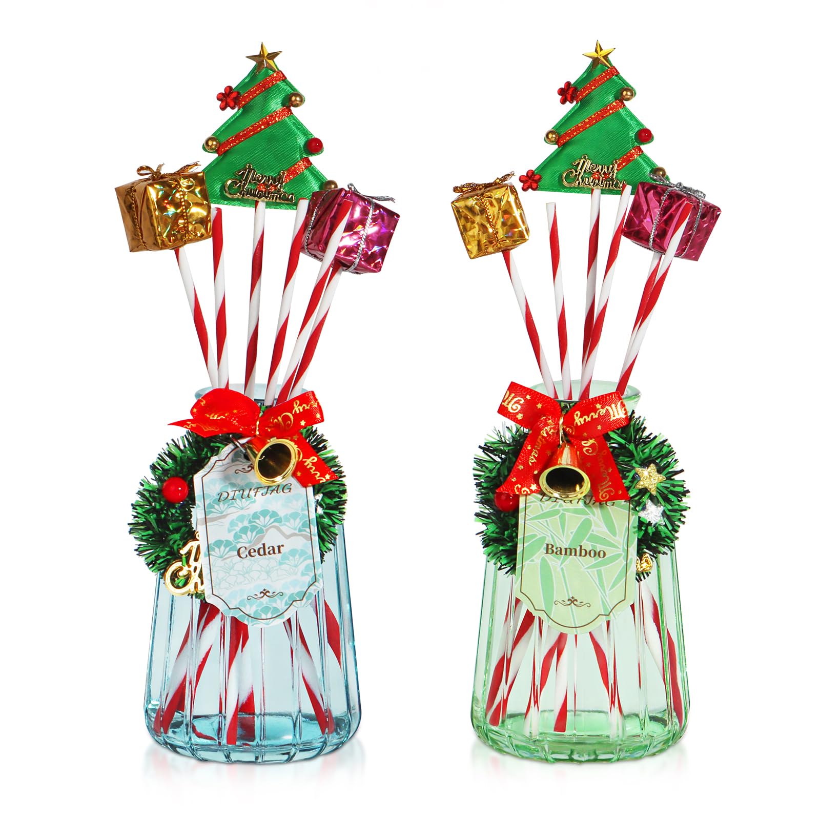 DIUFJAG 2 x 180 ml – Cedar/Bambù Cedro Bamboo Christmas Profumato per Ambienti con 12 Bastoncini,Natale Diffusore di Profumo per Camera da Letto,Ufficio,Bagno,Scaffale