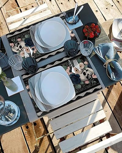 Miniatura 4 de Juego de 2 manteles individuales góticos de Halloween, calaveras de terror espeluznantes, flores románticas, manteles individuales tejidos lavables