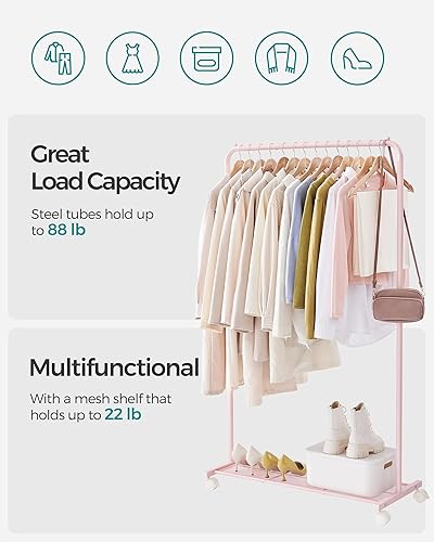 Miniatura 3 de SONGMICS UHSR025P01 Perchero de ropa con ruedas, perchero para colgar ropa, perchero de prendas de metal de 25.4mm con estante de almacenamiento de