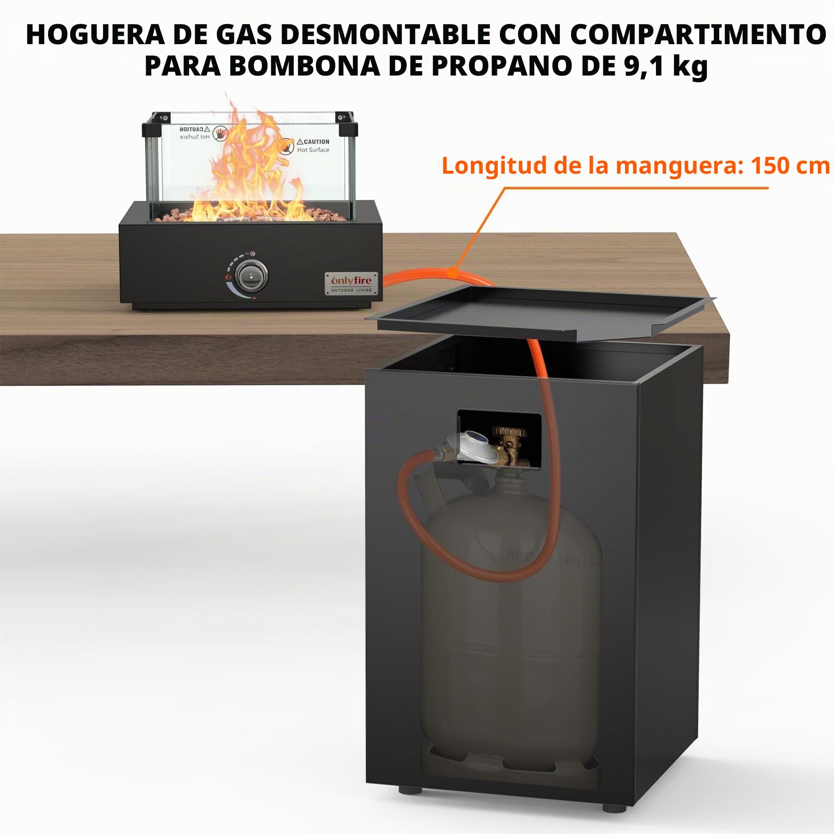 Onlyfire Chimenea de gas extraíble, cuadrada, para exteriores, con protección contra el viento, ruedas y piedras volcánicas, fuego para terraza con encendido electrónico, 6,85 kW, para jardín y balcón