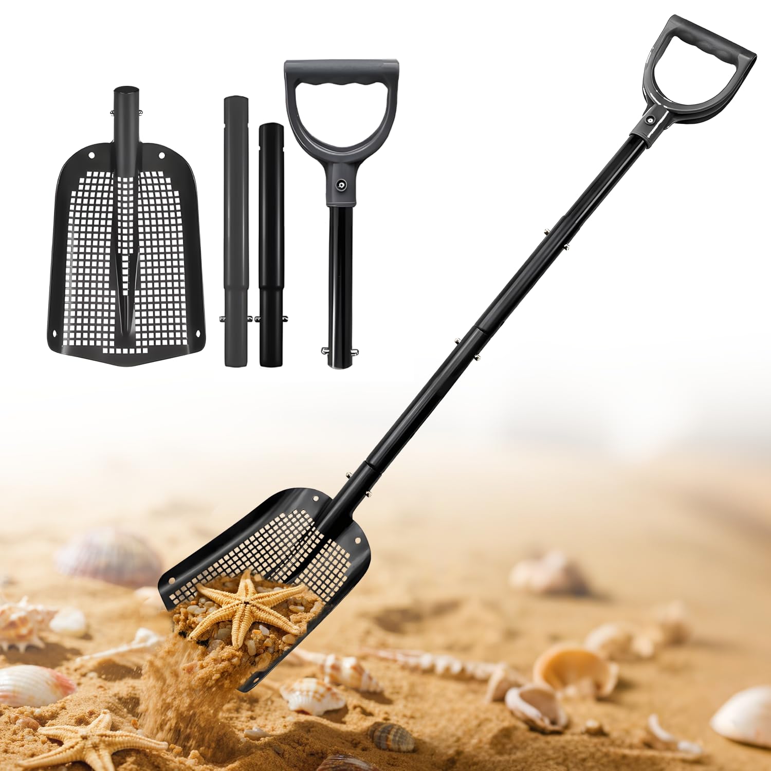 Siebschaufel, 53,5 cm lang, robust, Metall-Sandsieb, Hühnerstallschaufel für Sand, Strandschatzsuche, Siebschaufel mit Löchern, geeignet für Strand, Hühnerstall, Gartenarbeit usw.