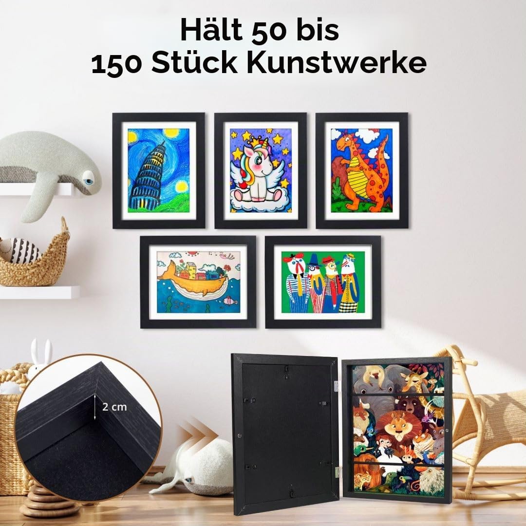 2 Stück Bilderrahmen Kinderzeichnungen A4,Bilderrahmen Aufklappbar für Kinderbilder,Frontöffnung Phoframe für Kunstwerke,Kunstprojekte,mit Aufbewahrung,Tief zum Befüllen(Schwarz)