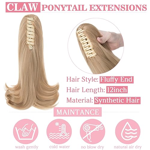 Miniatura 3 de Extensión de cola de caballo con clip de garra, extensiones de cola de caballo para mujer, 12 pulgadas, esponjosas, onduladas, rubias doradas,