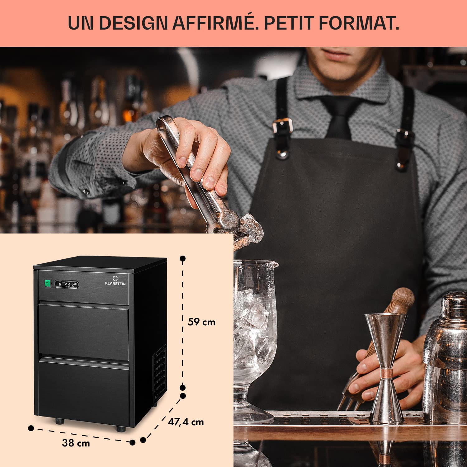 Klarstein Machine a Glacons Portable pour la Maison en Acier Inoxydable, Capacité de 1,3L, Machine a Glaces, Ice Maker Afichage LED, 145W, R600a, Capacité 20 kg, Stockage 3,5 kg, Pelle à Glace et Bac