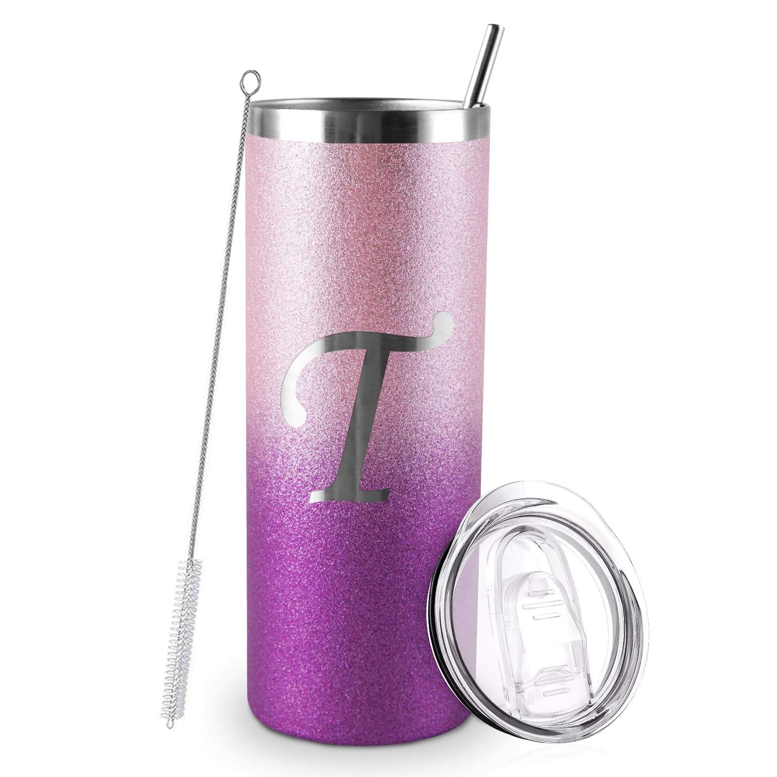 Initial T Tumbler Cup Gifts, Personalized Initial Tumblers with Lids and Straws 20oz, Monogrammed Glitter Cup Gifts for Women, Unique Gifts Birthday for Girls Women Mom
