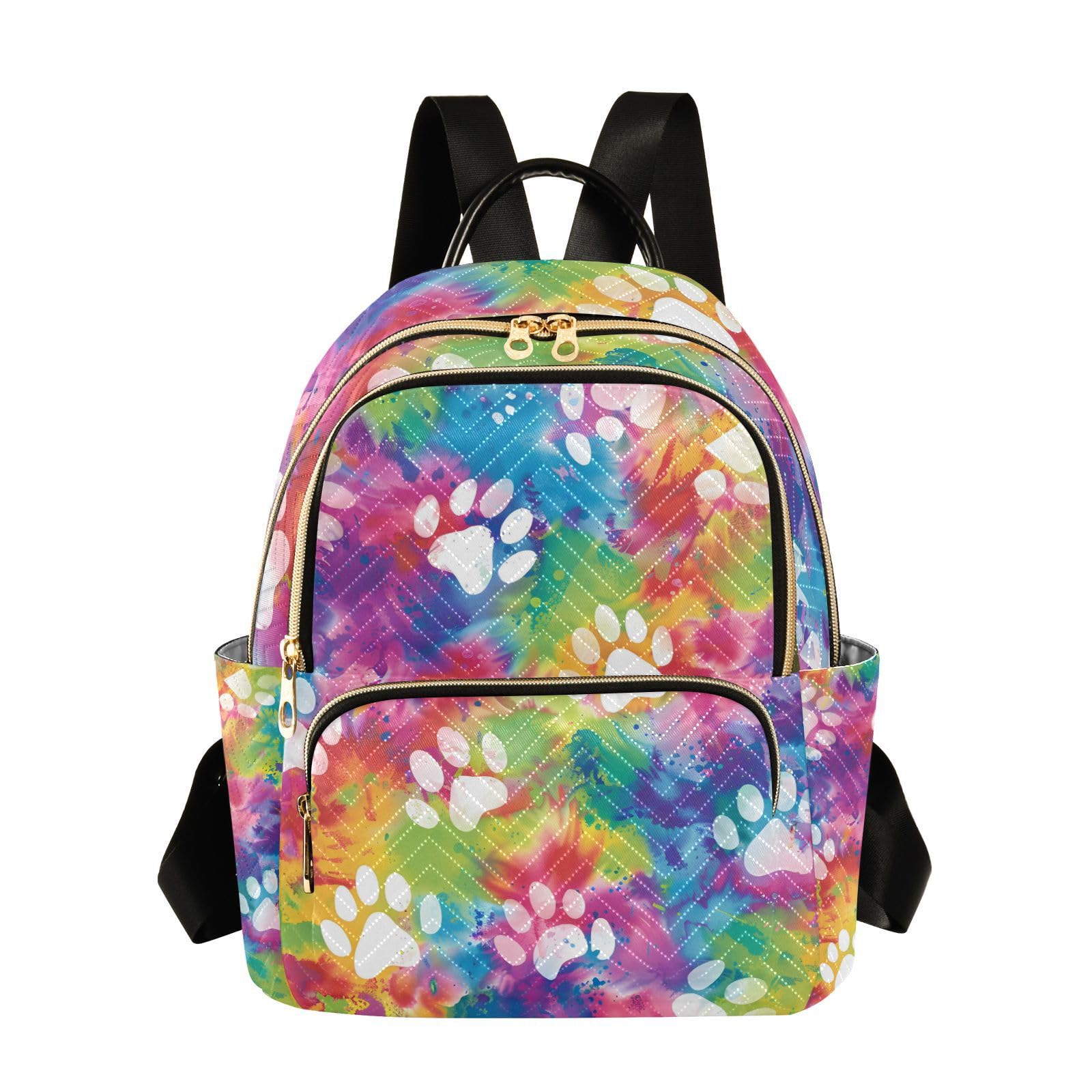 ALAZA Dog Cat Paw Prints on Rainbow Tie Dye Mini Backpack Purse for Women Travel Bag Lightweight Shoulder Bag Fashion Daypack