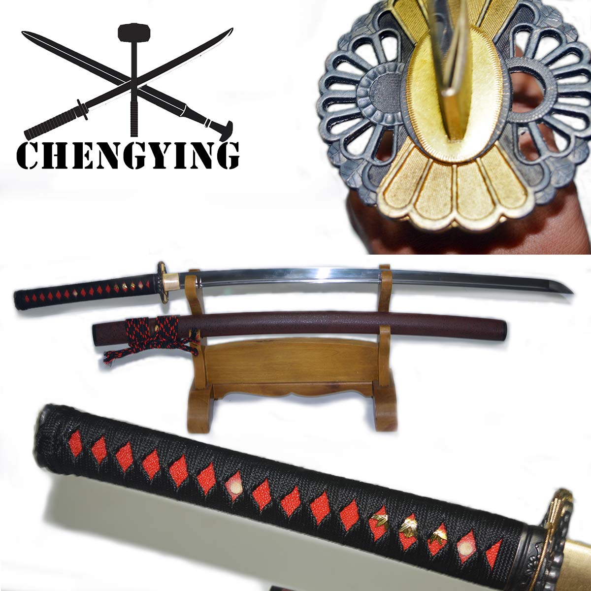 CY-sword 9260 Spring Steel Hand Forged Quenched Japanese Katana Samurai Combat Readiness， Sunflower Style tsuba ，Rayskin Handle