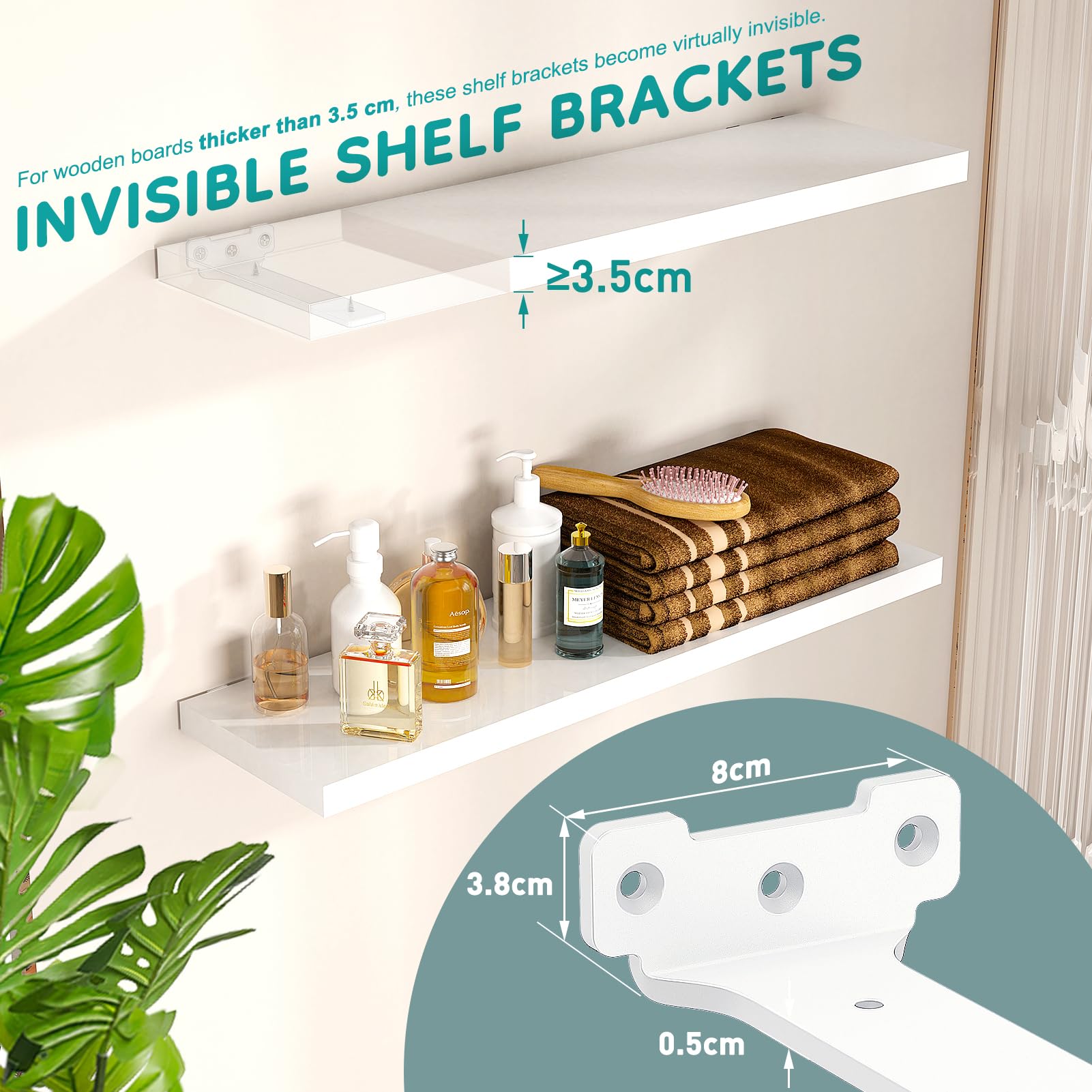Yeabett Shelf Brackets, 2 Pack Right Angle Floating Shelf Brackets 30cm, 70kg Load Capacity, White, 30cm-2pack - Image 2