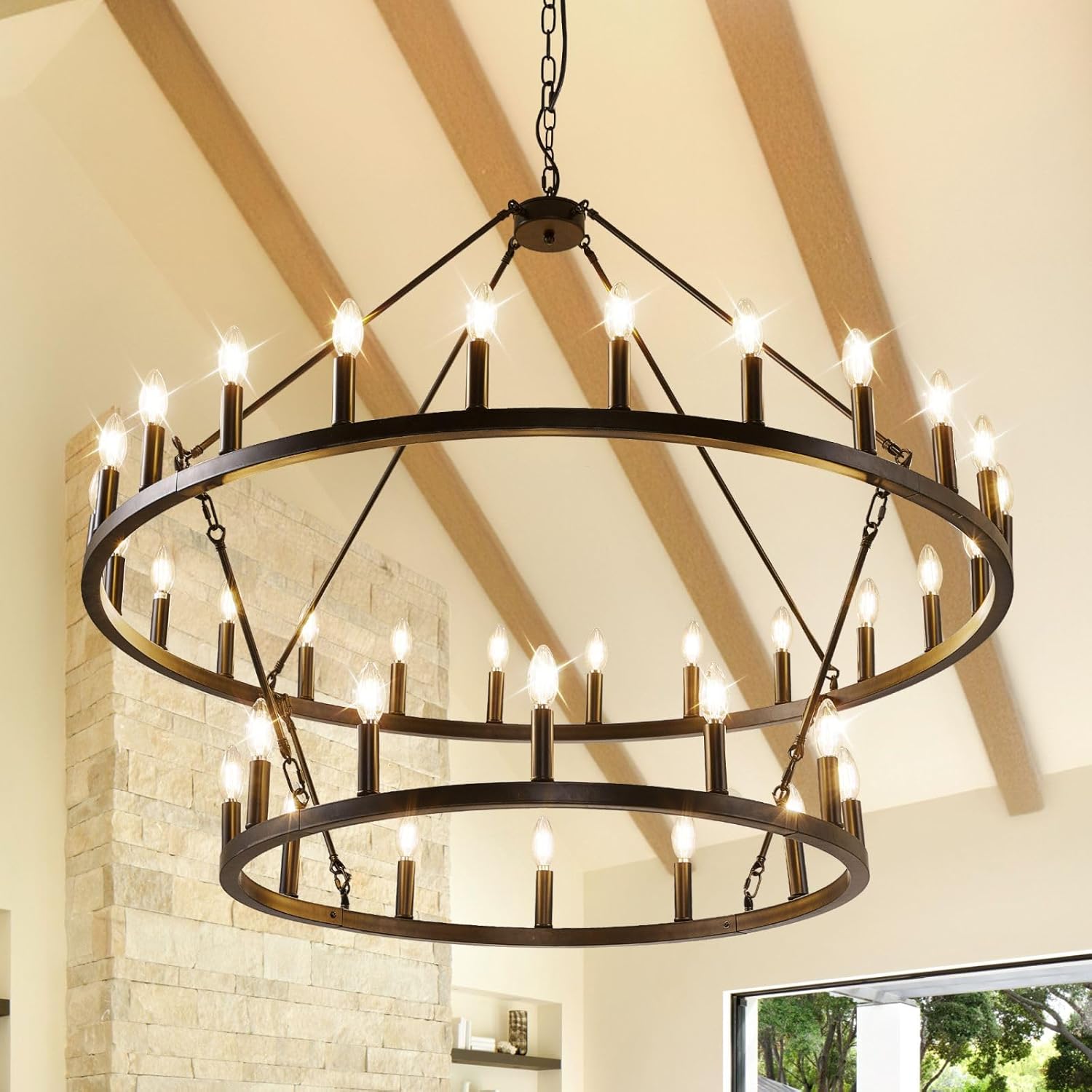 47 Inch Black Wagon Wheel Chandelier, 2 Tier 36-Lights Farmhouse Dining Room Light Fixture, Round Rustic Kitchen Island Lighting, Extra Large Foyer Chandeliers for High Ceilings,for Staircase,Entryway