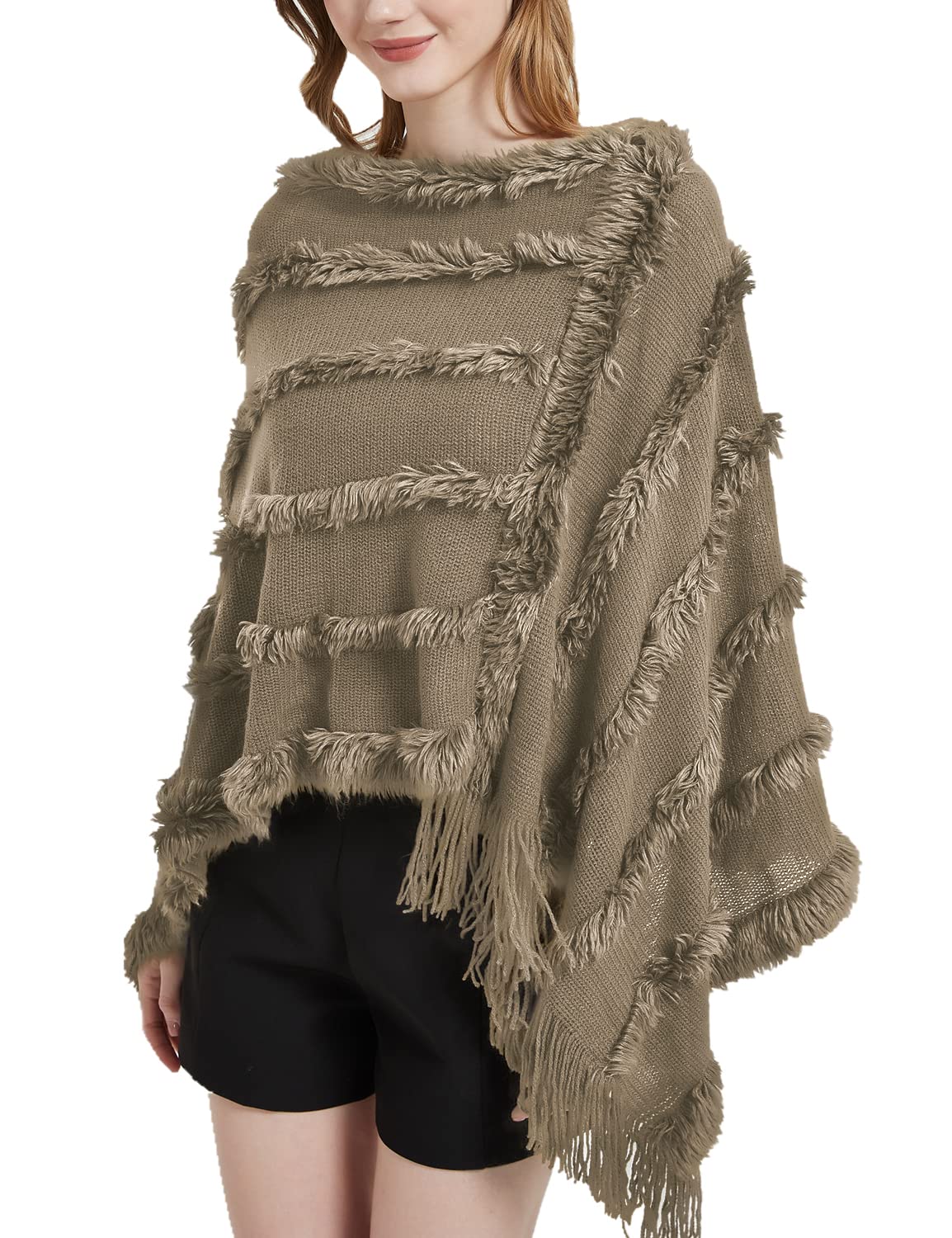 JFAN Poncho Donna Invernale Mantella Scialle in Maglia con Scollo a V Peluche Leggero Coprispalle Donna Elegante