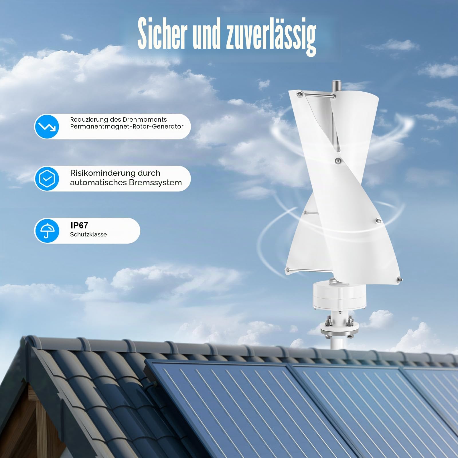 Vertikale Windkraftanlage 100W 12V/24V mit 2 Flügeln, IP67 Wasserdicht, Elektromagnetische Steuerung, Geräuscharm <62dB, Aluminium Kupfer, Für Wohnmobil Garten Camping