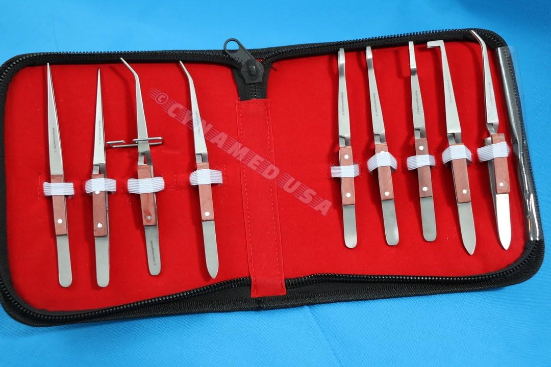 GERMAN SET OF 9 EACH TWEEZERS JEWELRY SOLDERING FIBER GRIP CROSS LOCKING SET BENT & STRAIGHT TIP