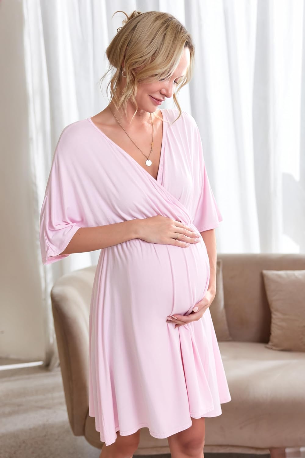 Ekouaer 3 in 1 Labor/Delivery/Hospital Gown Maternity Dress Nursing Nightgown Sleepwear for Breastfeeding - Image 4