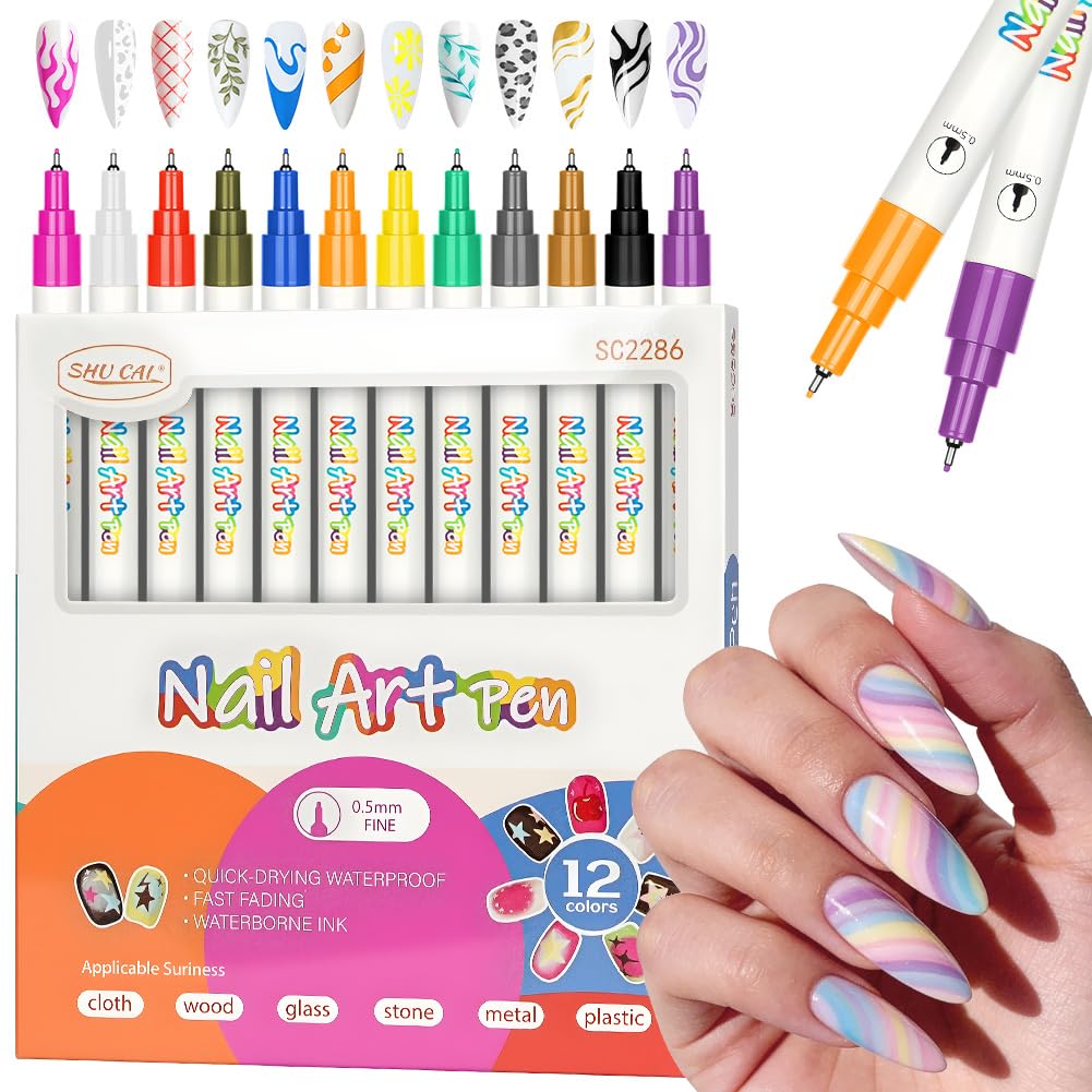 AOOWU 12 Farben 3D Nagellack Stift Set, Doppelköpfig Nail Art Marker, DIY Linie Nagelkunst Graffiti, Nagelspitze Nail Art Beauty Schmücken,Premium-Schnelltrocknungsformel, Splitterfest, für Nagelkunst