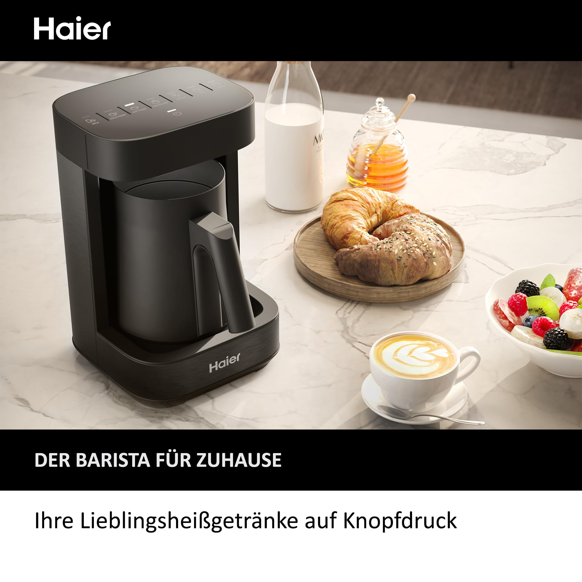 Haier Teekocher & Milchaufschäumer in einem I Multi-Getränke Zubereiter mit integrierter Teemaschine & Milchschäumer I Viele Programme für Kaffee, Heiße Schokolade, Tee & Aufguss [Serie 5 - HMB5A]