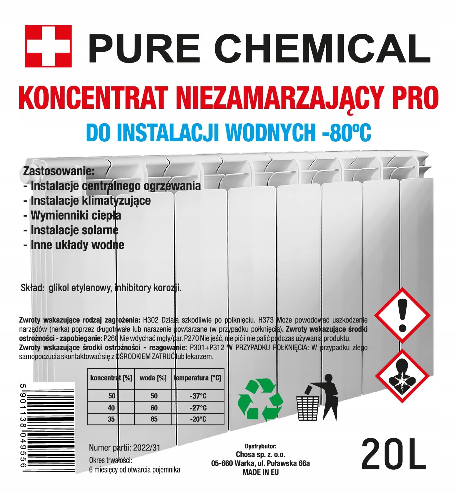 CHOSA Antigelo Concentrato per Sistemi di Riscaldamento e Raffreddamento 20 l - Protezione Corrosione - Alte Prestazioni - Per Pompe di Calore e Termocamini, -80°C, Tanica HDPE 20 litri