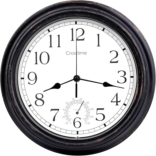Miniatura 3 de Reloj de pared retro de 12 pulgadas para interiores y exteriores, impermeable, con termómetro, para patio, piscina, jardín, hogar, bronce