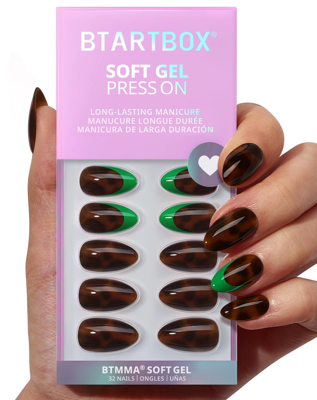 BTArtbox Press On Nails Short - Emerald Code, Tortoiseshell Almond Press On Nails with Glue and Adhesive Tabs for Women, Soft Gel Glue On Nails in 16