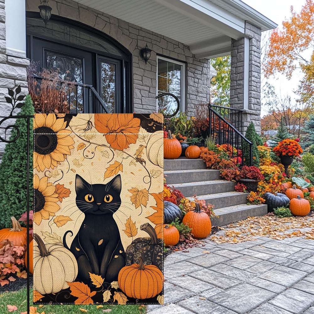 Fall Cat Pumpkin Garden Flag for Outside 12x18 Inch Double Sided Burlap Autumn Thanksgiving Maple Leaf Sunflower Flowers Farmhouse Holiday Rustic Outdoor Yard Flag Home Decorations - Image 9