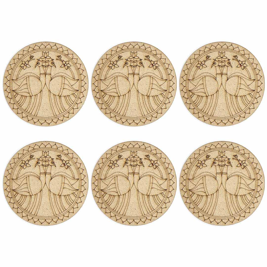 Craft Shop India MDF Twin Fish Engraved Design Tea Coaster Without Stand | Mithila | Hand Painted | Décor and Gifts | 4. INCH Set of 6 1