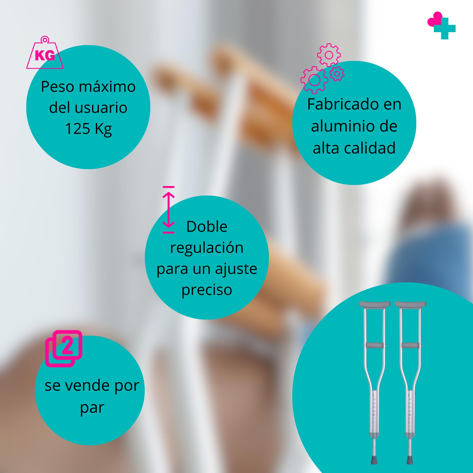 GERCARE. Par Muletas Axilares Adultos. Muletas Con Doble Regulación. Muletas Aluminio Ligeras. Muletas Adulto Acolchadas. Muletas Pack de 2 unidades.