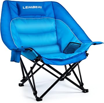 PRETZI Heavy Duty Camping Chairs - 500lbs, Oversized Camping Chair for Adults with 3 Levels Adjustable for Back, Padded Folding Wide Outdoor Lawn Chairs with Side Mesh Pocket & Cup Holder, Blue