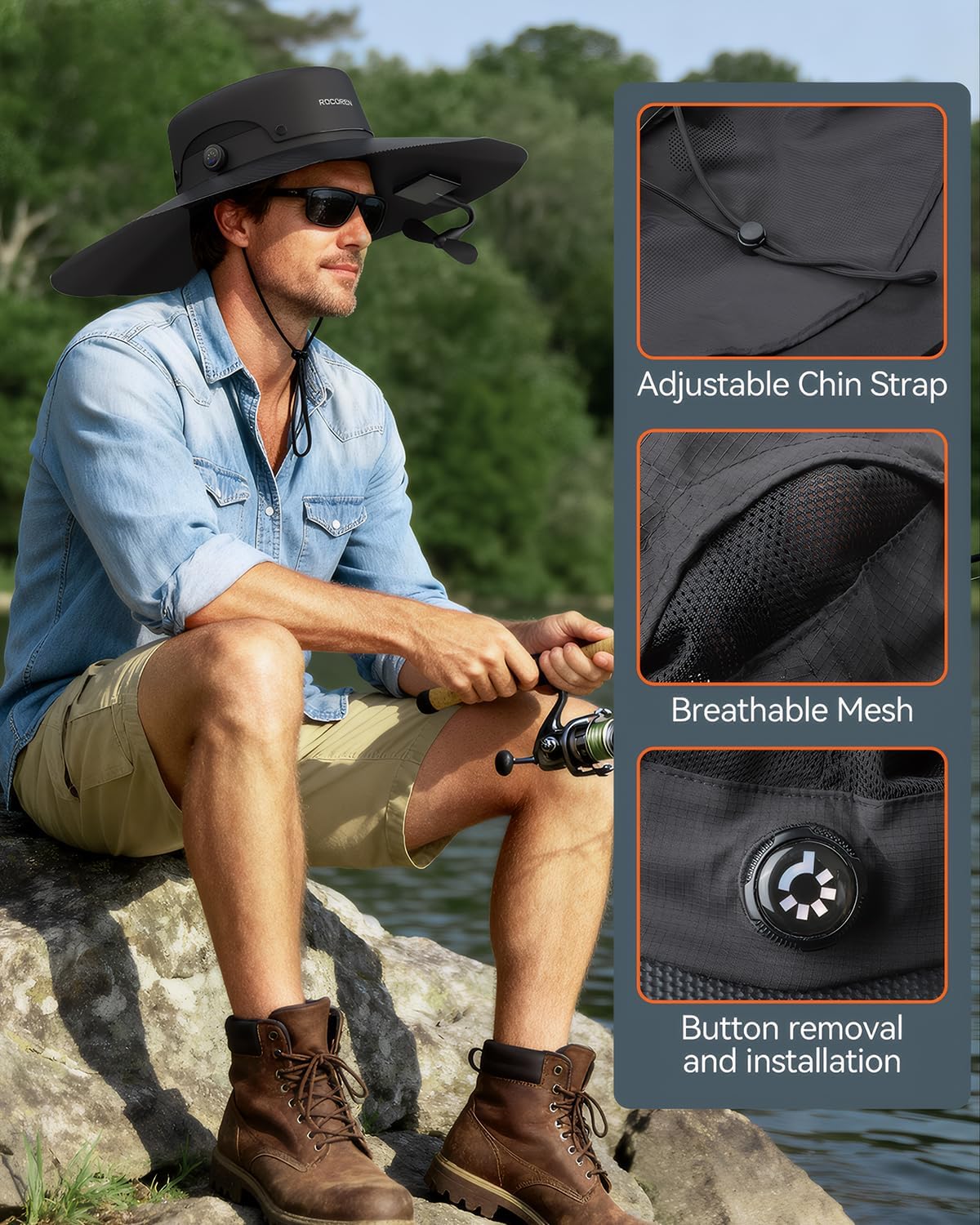 Solar Powered Fan Hat, UPF 50+ Wide Brim Sun Hat, Dual USB-A/USB-C Ports, Fishing Hat with Face Cover, Foldable Fan Hats for Men Women for Outdoor, Hiking, Travel, Mountain Climbing Black - Image 4
