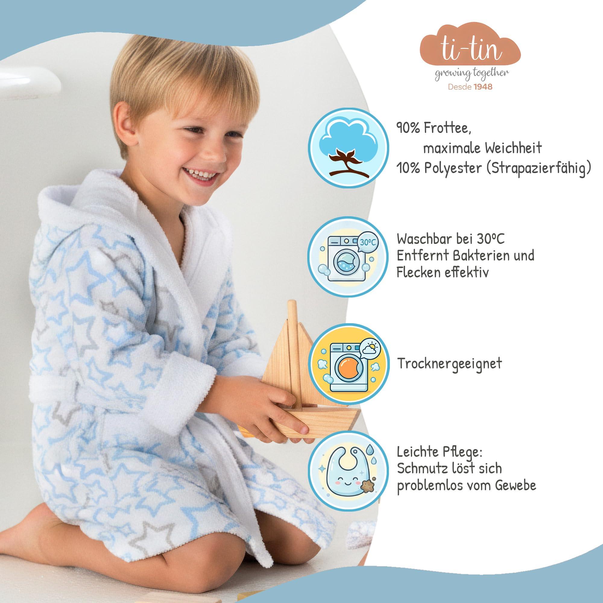 Ti TIN Bademantel Kinder, Baumwolle Frottee, Weich und Saugfähig, für Mädchen und Jungen, mit Kapuze Gürtel und Tasche