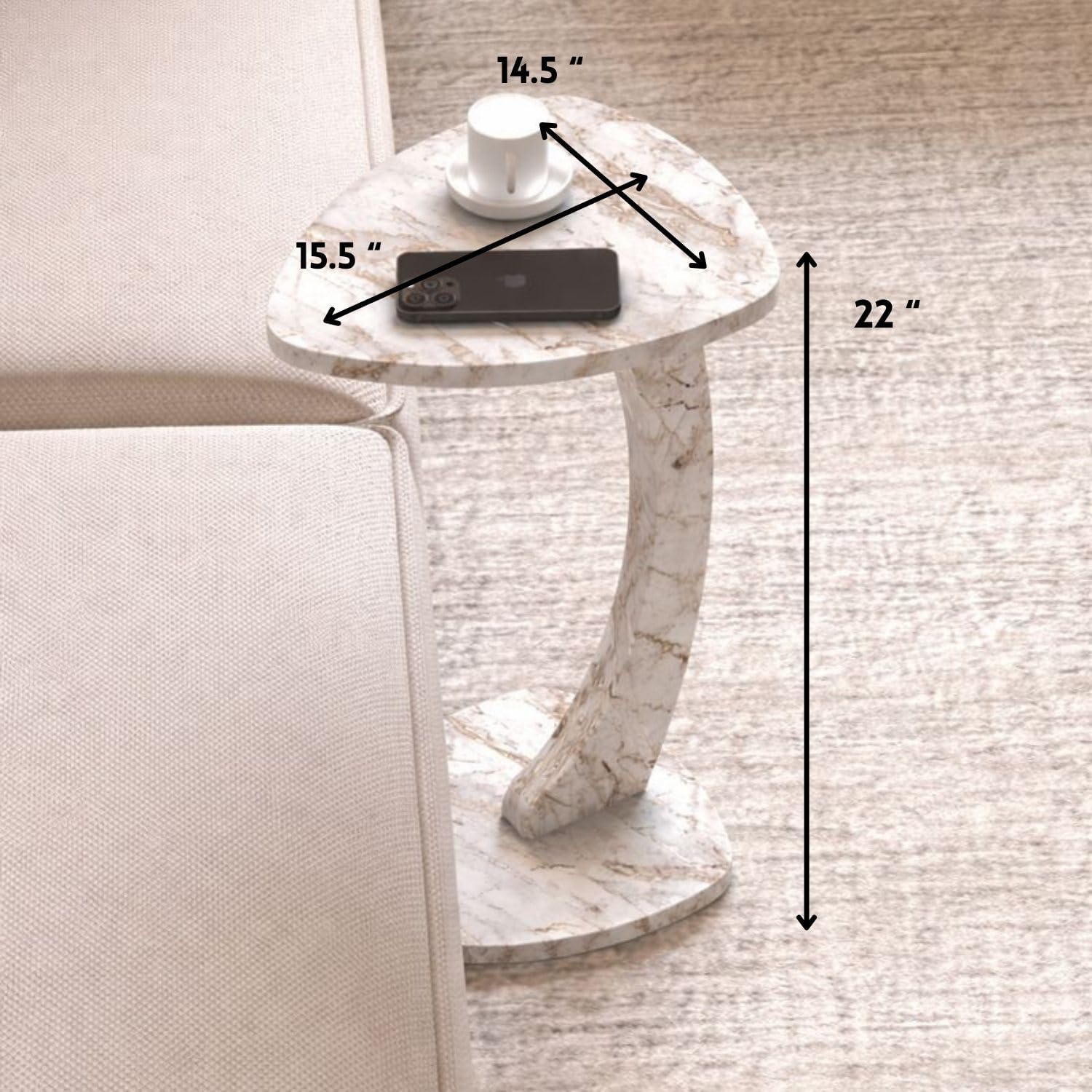 C Shaped Triangular Top Table for Couch Small Places, Space Saver Sheild Top Side Table for Sofa and Bedside with Wheels, Coffee and Eating Snack for Living Room, Office (White Marble) image 2
