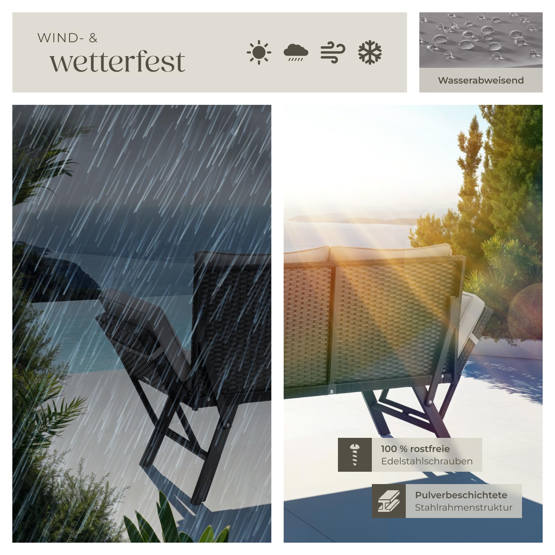 tectake® Rattan Loungesofa und Sonnenliege, Gartenmöbel, Lounge Möbel Outdoor, Sitzbank Schlaffunktion, Couch klappbarer Armlehne, Balkonmöbel, Gartenbank, Sofa, Balkon Möbel - hellgrau/schwarz