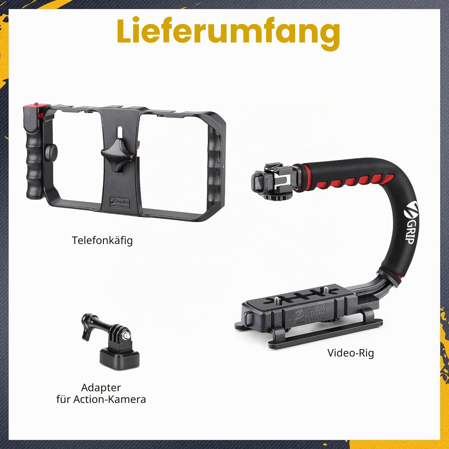 Zeadio Tripel Zubehörschuh Handheld Stabilisator mit Smartphone Video Rig für Kamera, Action-Kamera, DSLR