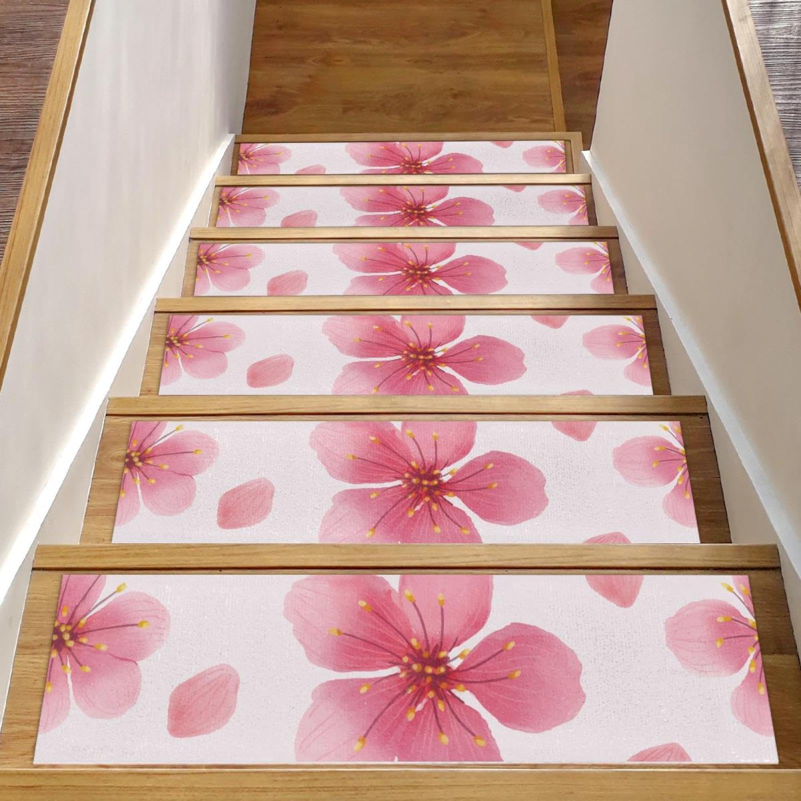 Tapis d'escalier antidérapants motif fleurs de cerisier rose