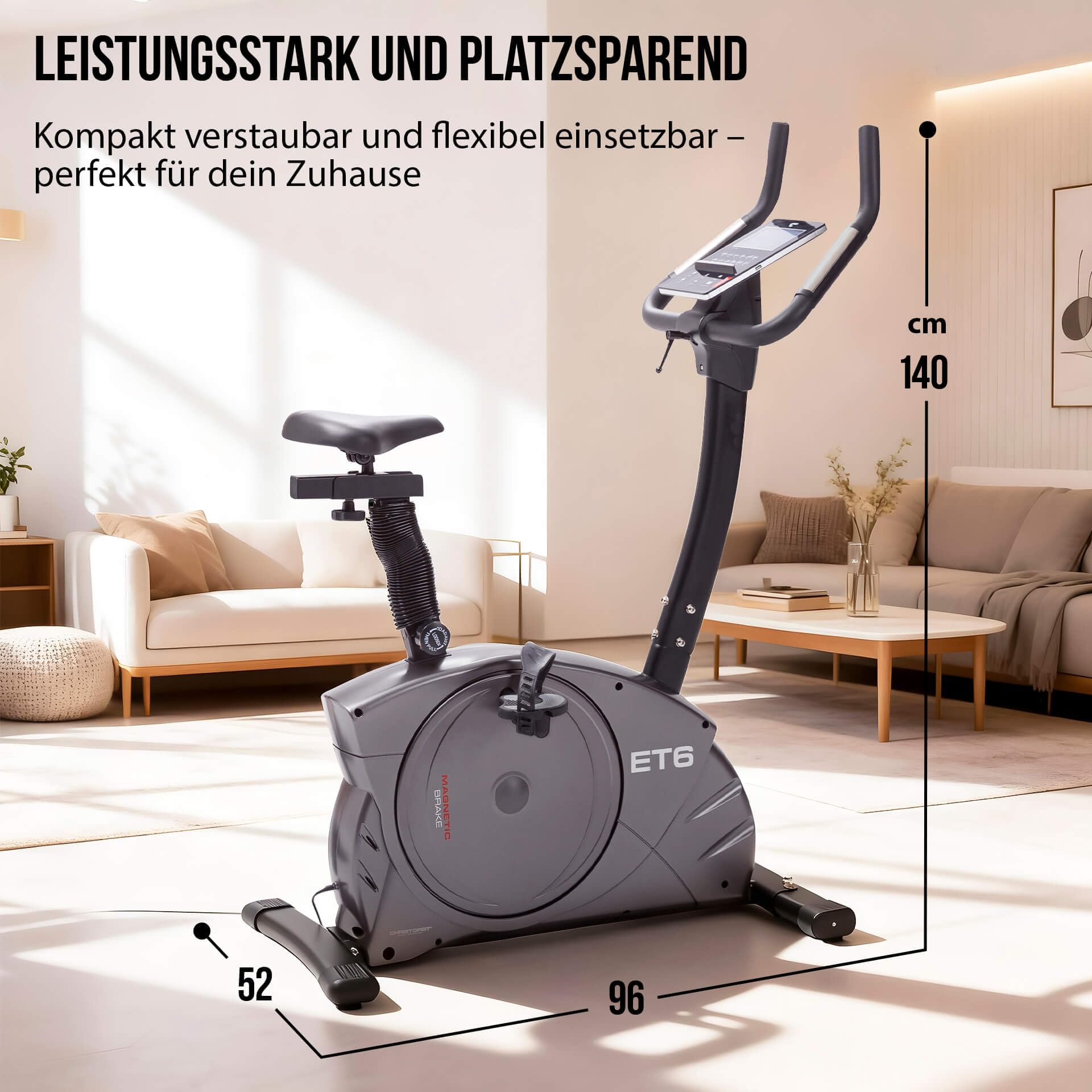 CHRISTOPEIT Ergometer Heimtrainer ET 6 Fahrrad mit 24 Widerstandsstufen, bis 150kg und 200cm, 12kg Magnet-Bremssystem, Kinomap, Bluetooth, Pulsmessung, bequem, leise