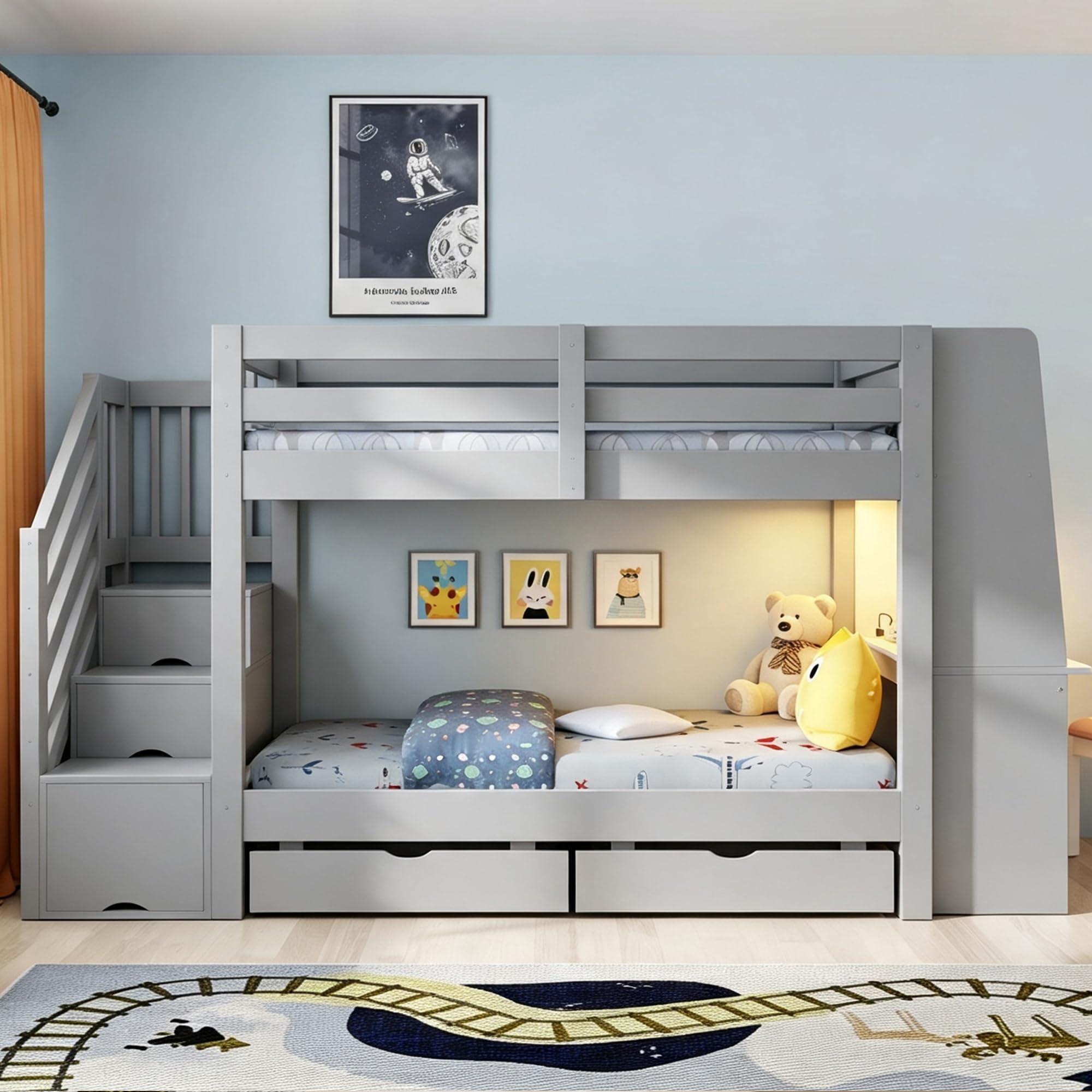 Etagenbett für Kinder, 90 x 200 cm, Holzrahmen mit Leiter, integriertem Schreibtisch, Schubladen, Geeignet für Jugendliche und Erwachsene, Grau