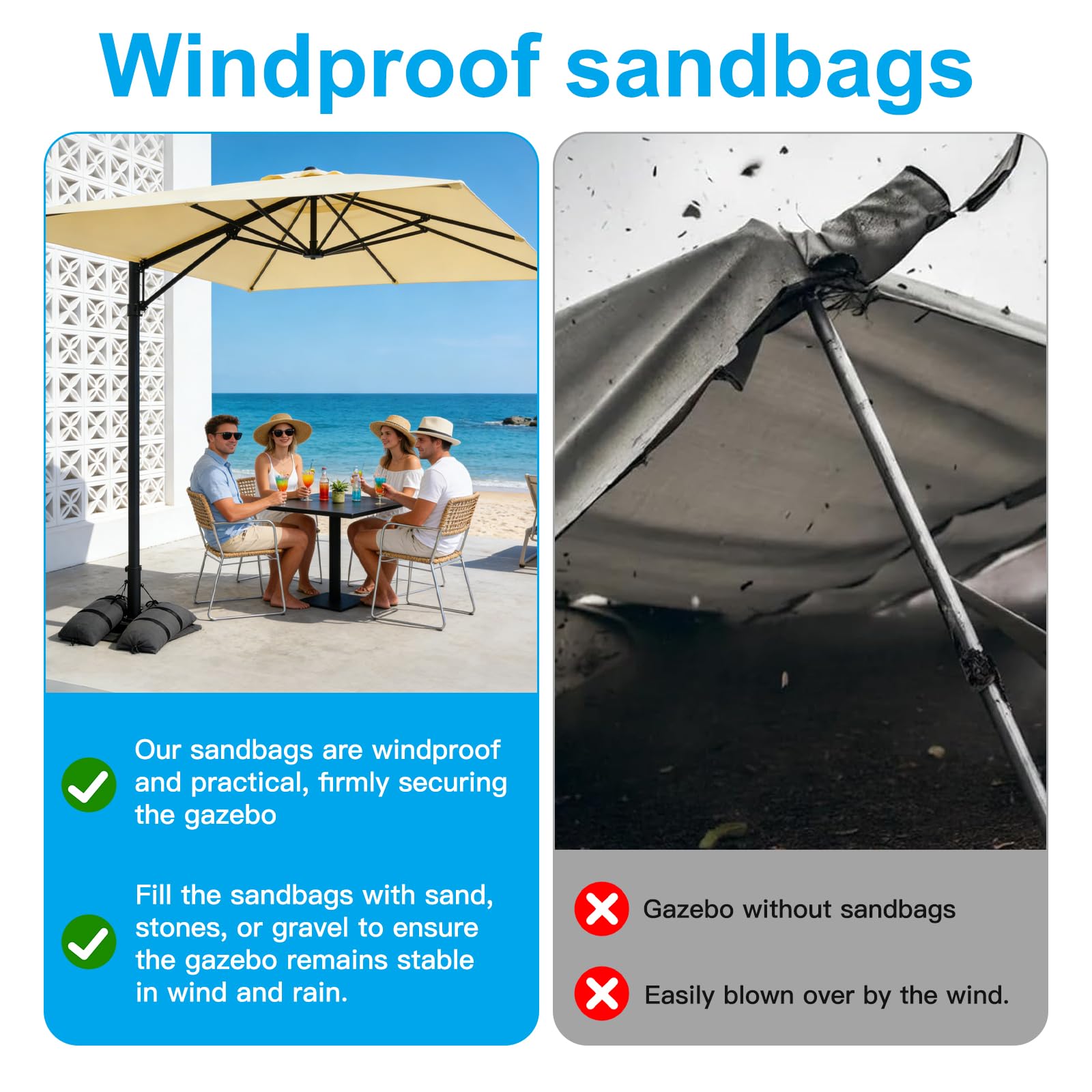 2 worki na piasek, obciążenie parasola przeciwsłonecznego do 25 kg, worek na piasek, obciążniki, do użytku na zewnątrz, do pawilonu, na parasol, suszarkę na pranie, trampolinę, namiot, meble ogrodowe