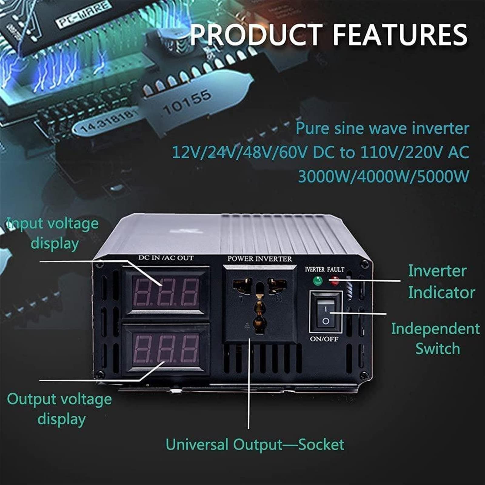JINTAOMA Inverter di Alimentazione per Auto, Inverter a Onda sinusoidale Pura Convertitore automobilistico a Onda sinusoidale da DC 12V a AC 240V Alimentatore da Viaggio per Laptop,3000W-60Vto110V