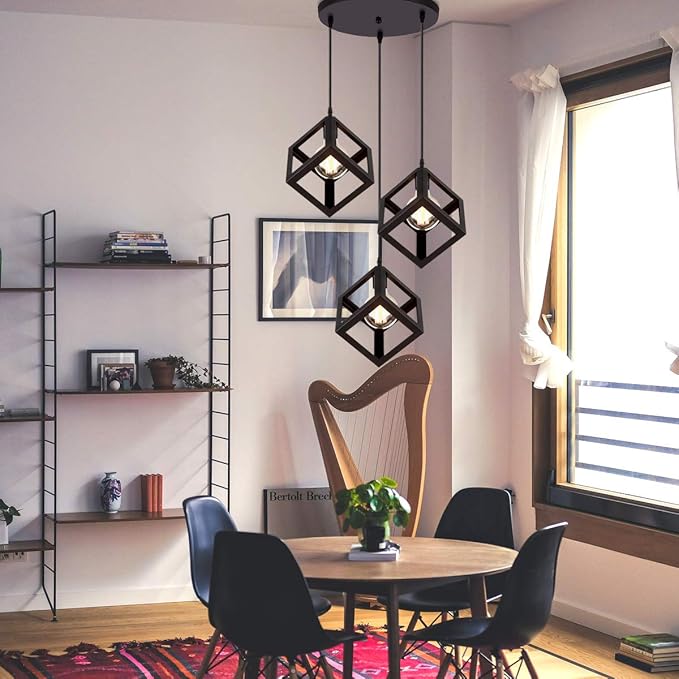 iDEGU iDEGU 3 Lampen Kroonluchter Hanglamp Vintage Geometrische Stijl Kubus Hanglamp voor Slaapkamer Woonkamer Eetkamer Keuken - 16 cm, Zwart photo 2