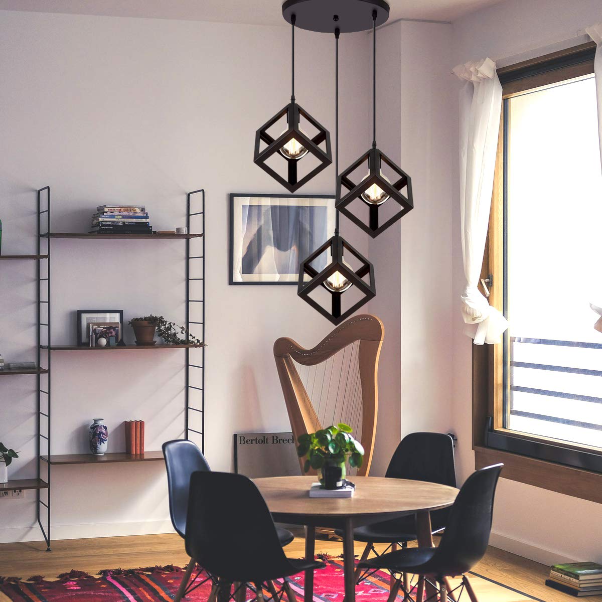 iDEGU 3 Lumières Lustre Suspension Vintage Style Geometrique Lampe de Suspension en Forme de Cube pour Chambre à Coucher, Salon, Salle à Manger, Cuisine - 16 CM, Noir