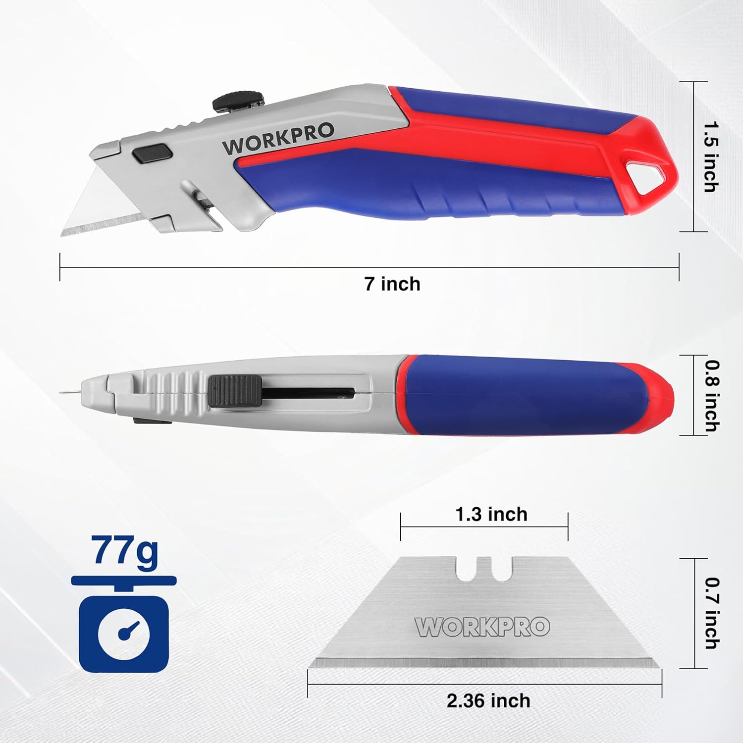 WORKPRO Retractable Utility Knife Set, 2-pack Quick-Change Box Cutter with Twine Cutter, Heavy Duty Aluminum Razor Knife with Comfortable Handle, 10 Extra Blades Included