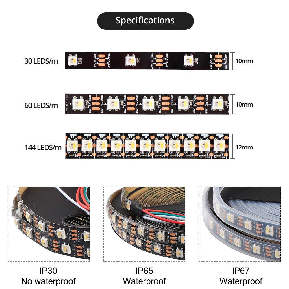 ws2812 rgbw sk6812 5 V 5 m 144 LED ip30 tira LED, tira LED inteligente direccionable individualmente, PCB negro