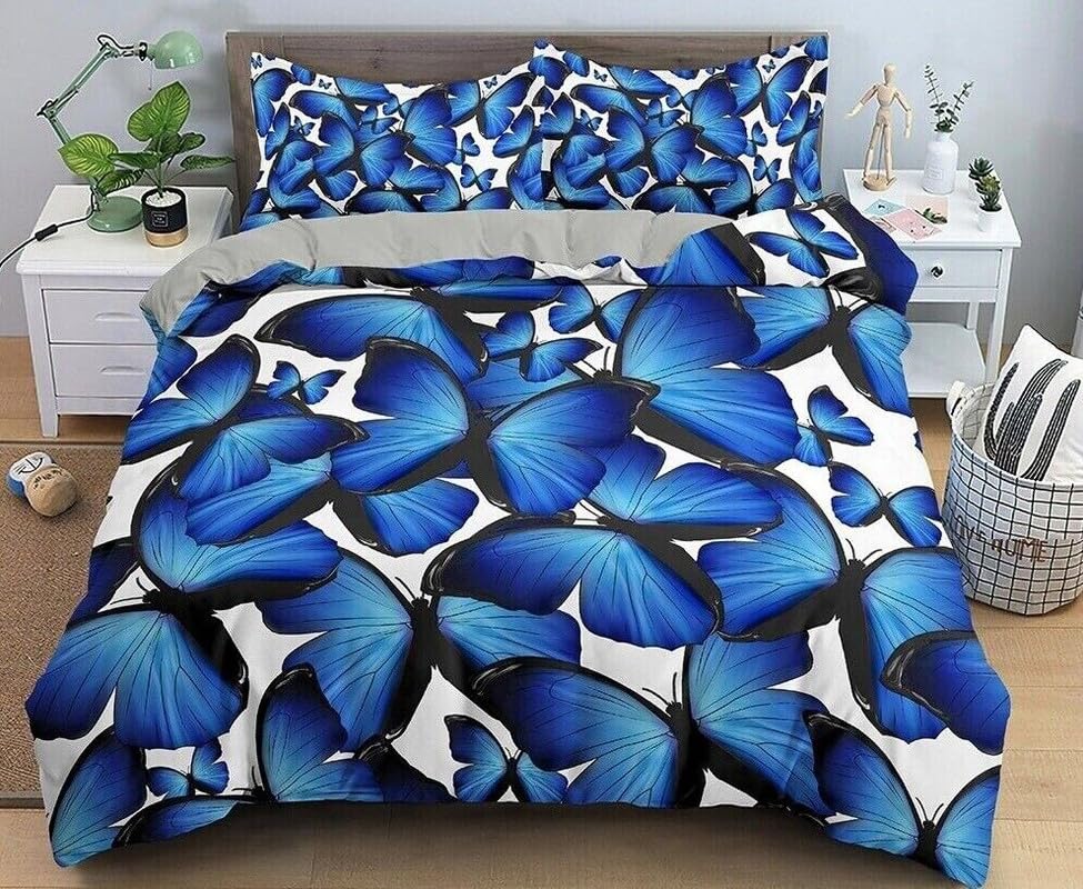 Housse de couette decoration anniversaire parure de lit papillon bleu 220x240 idée cadeau idéale