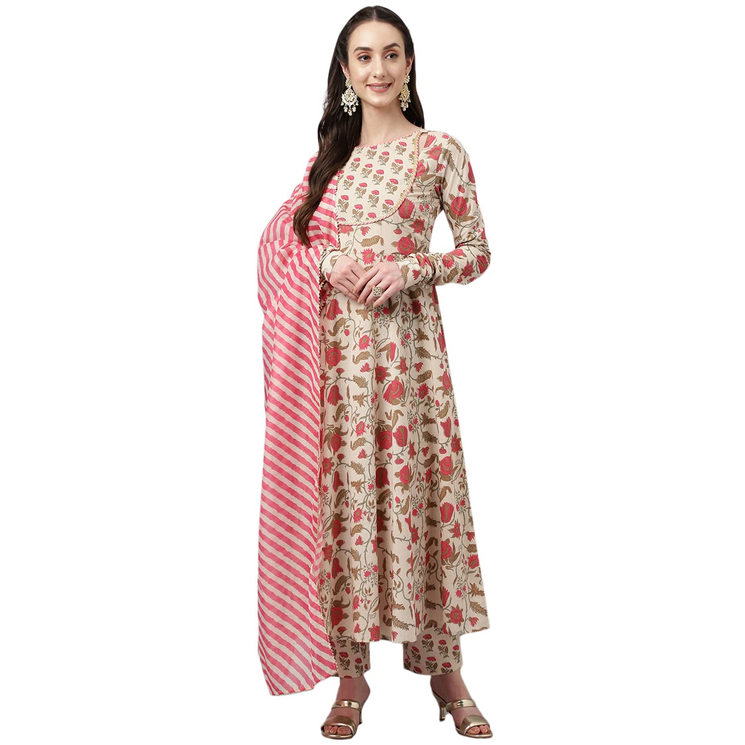 fiorra Women's Beige Pure Cotton Flared Kurta with Pant and Dupatta-picture-41
