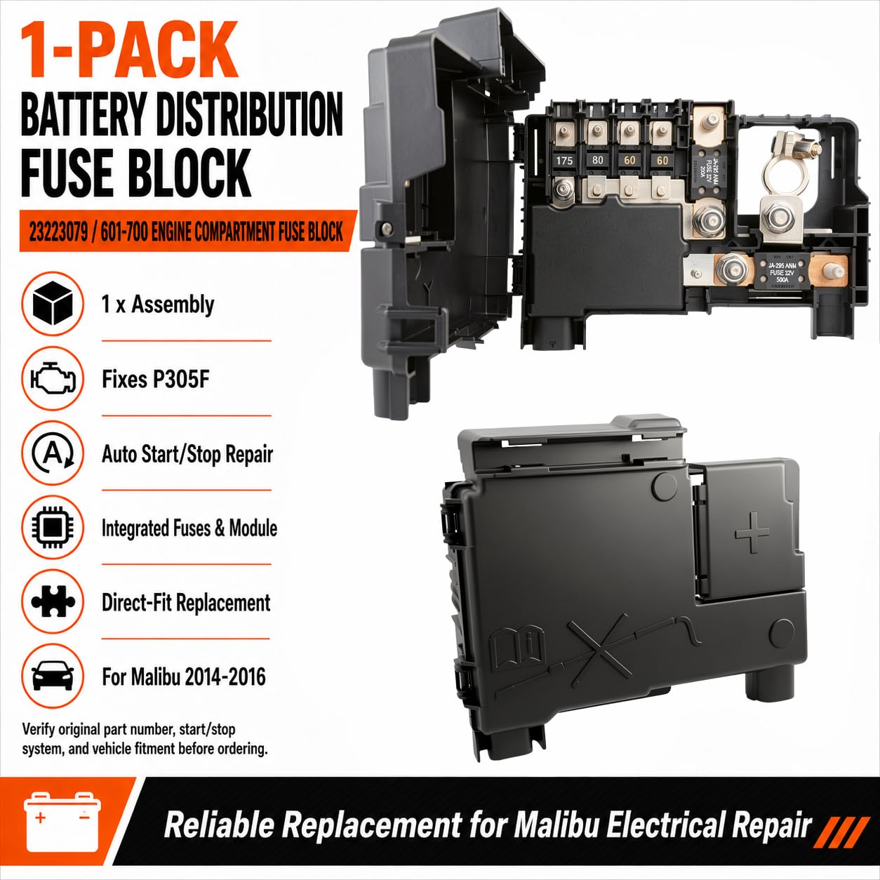 23223079 Battery Distribution Engine Compartment Fuse Block - Compatible with Chevrolet Malibu 2014-2015 & Malibu Limited 2016 - Replaces 23223079 601-700 - Fixes P305F, Auto Start/Stop Issues