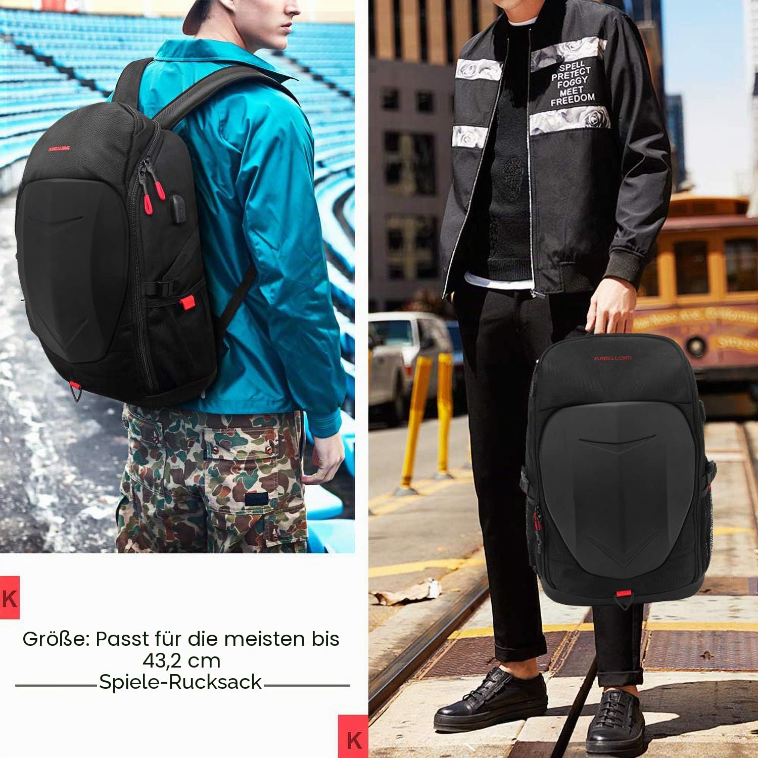 KINGSLONG Motorradrucksäcke für Herren,Rucksack Laptop Herren 15-17,3 Zoll | Tech Wasserdicht Gaming Rucksack mit USB-Anschluss Reisen Rucksäcke Hartschale Motorrad Rucksack Outdoor - Schwarz