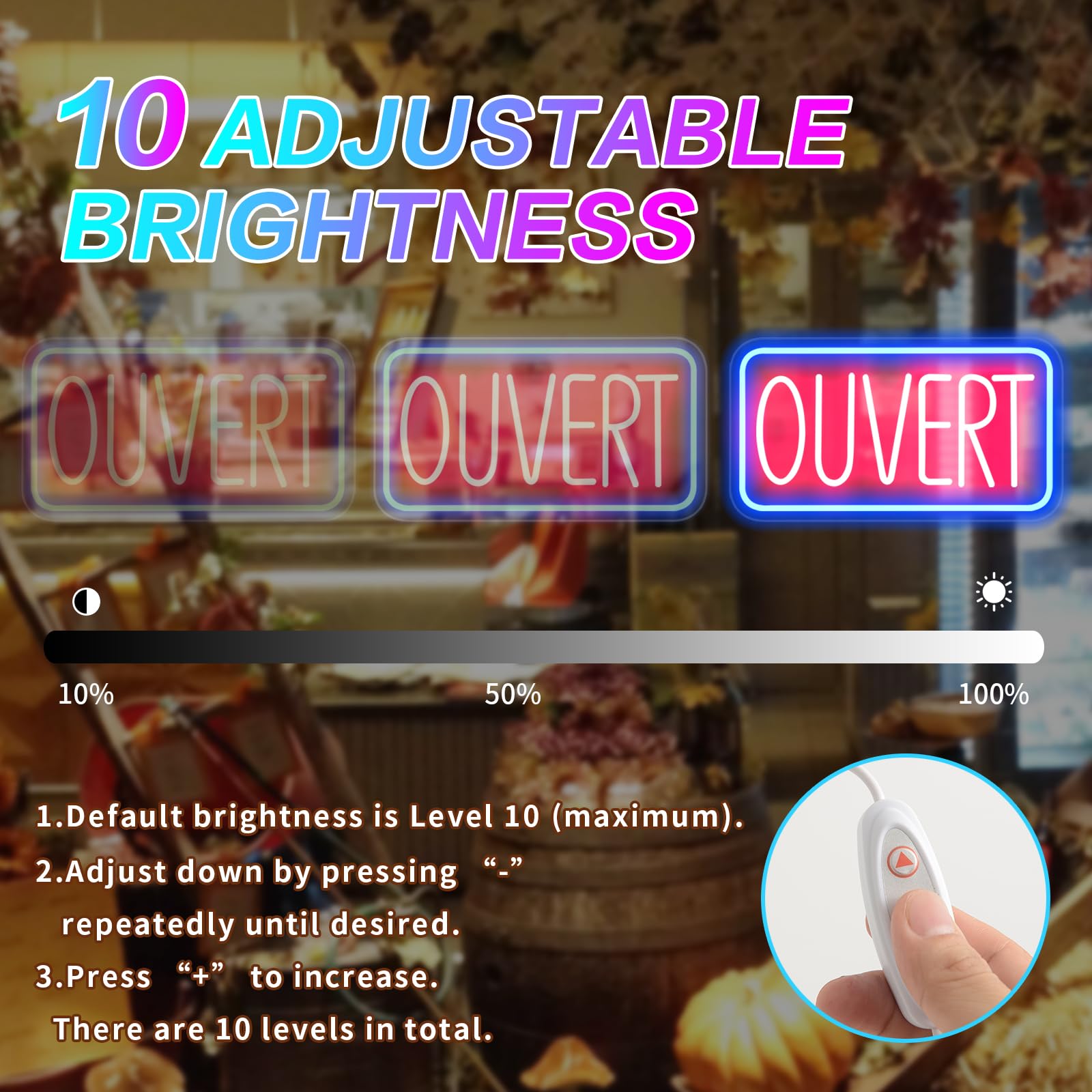 OUVERT Panneau néon LED à suspendre 42 x 22 cm USB avec interrupteur à intensité variable