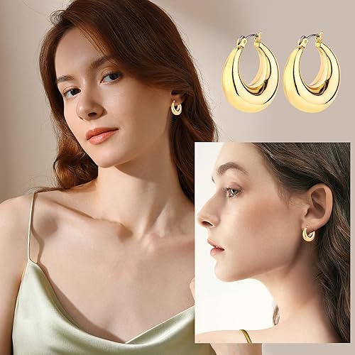 Miniatura 4 de Gold Chunky Hoop Earrings Set for Women, 14K Gold Plated Twisted Huggie Hoop Earring Hypoallergenic, Thick Open Hoops Set Lightweight